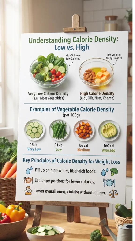 Infographic on an easel: Calorie Density Explained, with food examples and principles for weight loss
