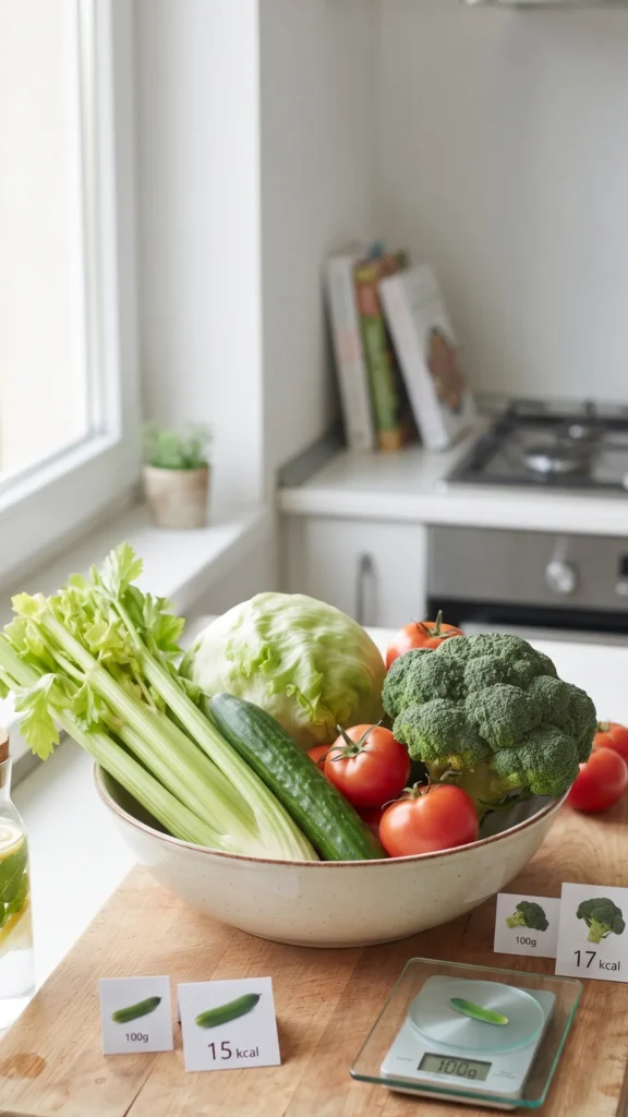 A high-angle photograph on a wooden cutting board in a kitchen shows a large white bowl filled with fresh vegetables, including celery, iceberg lettuce, cucumbers, tomatoes, and broccoli. In front of the bowl, there are two small cards with illustrations and text: one for a cucumber, labeled "100g" and "15 kcal," and one for broccoli, labeled "100g" and "17 kcal." To the right, a small digital kitchen scale displays "100g." To the left, a glass carafe of infused water with lemon slices and mint leaves is visible. A kitchen window with a small plant, a stove, and a stack of cookbooks are in the blurred background. The lighting is bright and natural.
