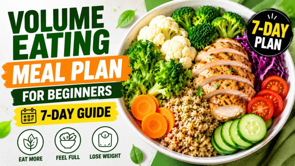 "Volume Eating Meal Plan for Beginners featured image showing a healthy chicken and vegetable bowl with broccoli, cauliflower, carrots, cucumber, quinoa, and a 7-day meal plan for weight loss."