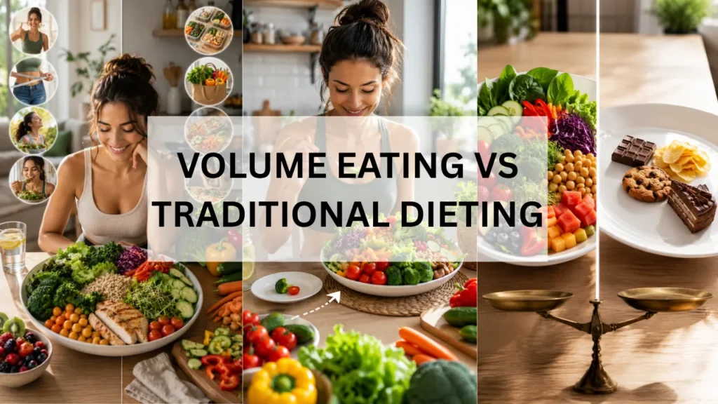 Comparison of volume eating and traditional dieting, showing a large nutrient-dense meal versus small calorie-dense portions to highlight differences in fullness, hunger control, and sustainable weight loss.