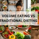 Comparison of volume eating and traditional dieting, showing a large nutrient-dense meal versus small calorie-dense portions to highlight differences in fullness, hunger control, and sustainable weight loss.