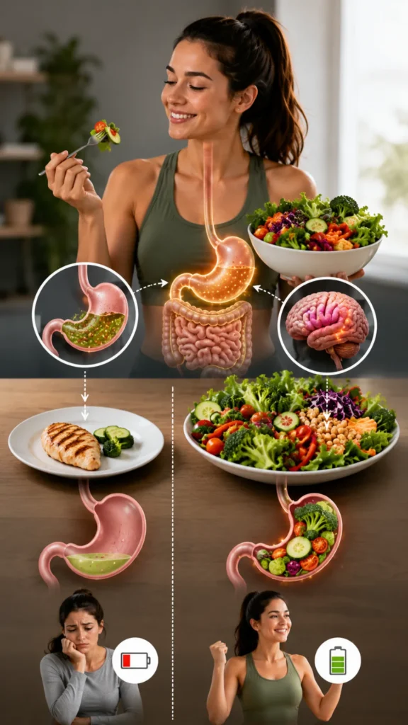 Side-by-side comparison of conventional dieting and volume eating, showing a small restrictive meal versus a large low-calorie meal that promotes fullness, satisfaction, and sustainable weight loss.
