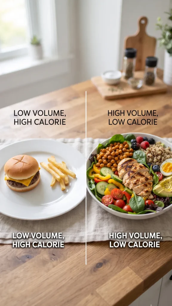 A comparison image showing a small plate with a burger and fries next to a large bowl filled with a variety of colorful vegetables, grilled chicken, and berries to illustrate volume eating for weight loss.
