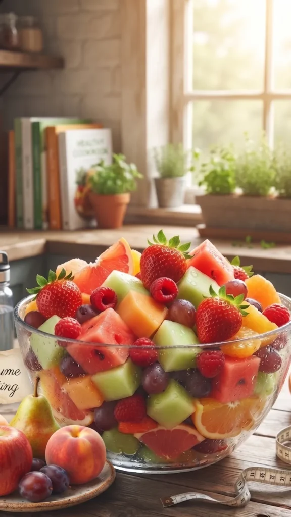 A close-up photograph of the glass bowl of fruit salad and the accompanying whole fruits seen in image_50.png, sitting on a rustic wooden kitchen counter. The warm sunlight streams from the window, and the measuring tape from image_50.png is artfully draped. The script text "Volume Eating" is subtly integrated into the scene, perhaps hand-lettered on a piece of parchment paper tucked into the fruit arrangement. No text from previous images is present

