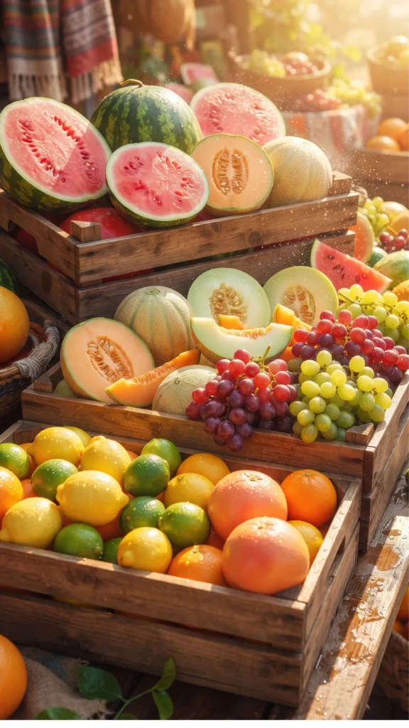Wooden crates filled with assorted fresh fruits, including watermelons, cantaloupes, grapes, lemons, and oranges, on a rustic market table.
