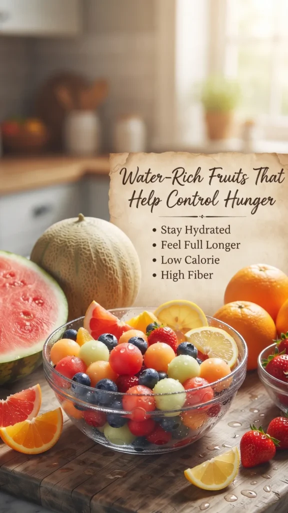 A beautifully composed studio photograph of fresh, glistening fruit salad in a clear glass bowl, featuring a central text overlay reading 'Water-Rich Fruits That Help Control Hunger'. Below the main title, a bulleted list details 'Stay Hydrated', 'Feel Full Longer', 'Low Calorie', and 'High Fiber' on a rustic parchment-style scroll, set against a blurred kitchen background.
