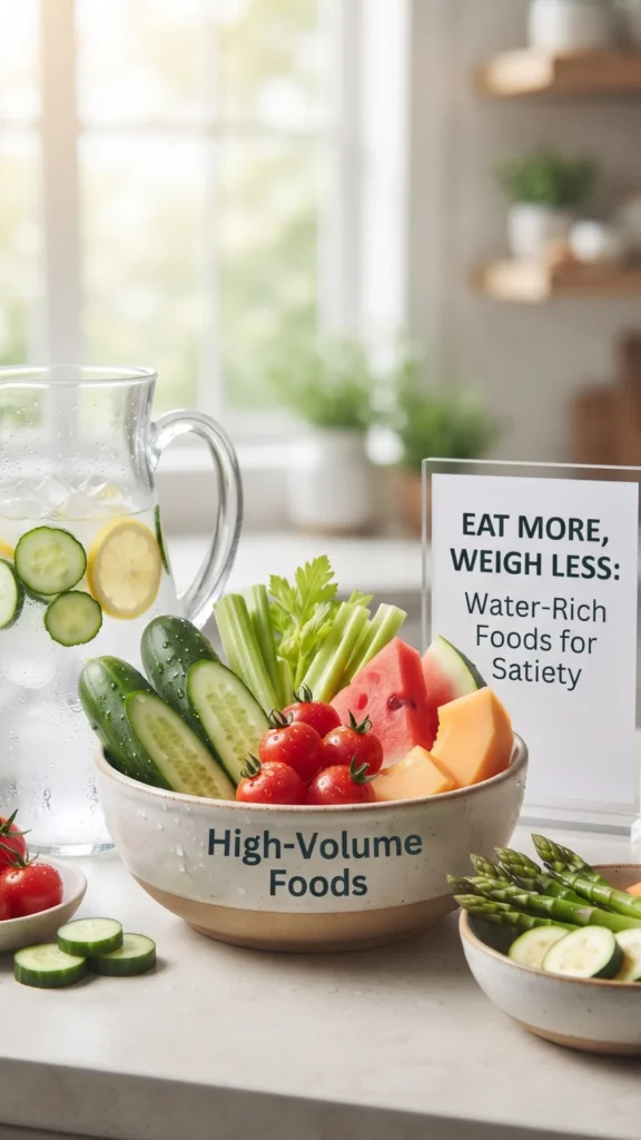 A high-angle shot of a kitchen counter featuring a large bowl of water-rich vegetables (cucumbers, cherry tomatoes, celery) and fruits (watermelon, cantaloupe). Next to it is a clear acrylic sign that reads "EAT MORE, WEIGH LESS: Water-Rich Foods for Satiety" and a pitcher of cucumber-lemon water. The scene is well-lit by natural light from a nearby window.
