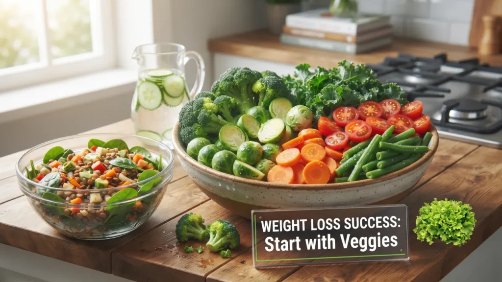 The generated image is a suitable featured image for the article "Weight Loss Success Starts with Vegetables: Here’s How". The image features a large, appetizing bowl overflowing with a colorful assortment of raw, nutrient-dense vegetables like broccoli, Brussels sprouts, kale, carrots, and green beans, all glistening with natural light to emphasize their freshness. To the side, a pre-made salad in a glass bowl and a pitcher of cucumber water provide context for incorporating these vegetables into meals. A transparent acrylic sign in the foreground explicitly reads, "WEIGHT LOSS SUCCESS: Start with Veggies." The high-angle, close-up composition is focused and inviting, perfectly capturing the essence of the article. The 1280x720 aspect ratio meets the YouTube thumbnail size requirement.