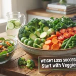 The generated image is a suitable featured image for the article "Weight Loss Success Starts with Vegetables: Here’s How". The image features a large, appetizing bowl overflowing with a colorful assortment of raw, nutrient-dense vegetables like broccoli, Brussels sprouts, kale, carrots, and green beans, all glistening with natural light to emphasize their freshness. To the side, a pre-made salad in a glass bowl and a pitcher of cucumber water provide context for incorporating these vegetables into meals. A transparent acrylic sign in the foreground explicitly reads, "WEIGHT LOSS SUCCESS: Start with Veggies." The high-angle, close-up composition is focused and inviting, perfectly capturing the essence of the article. The 1280x720 aspect ratio meets the YouTube thumbnail size requirement.