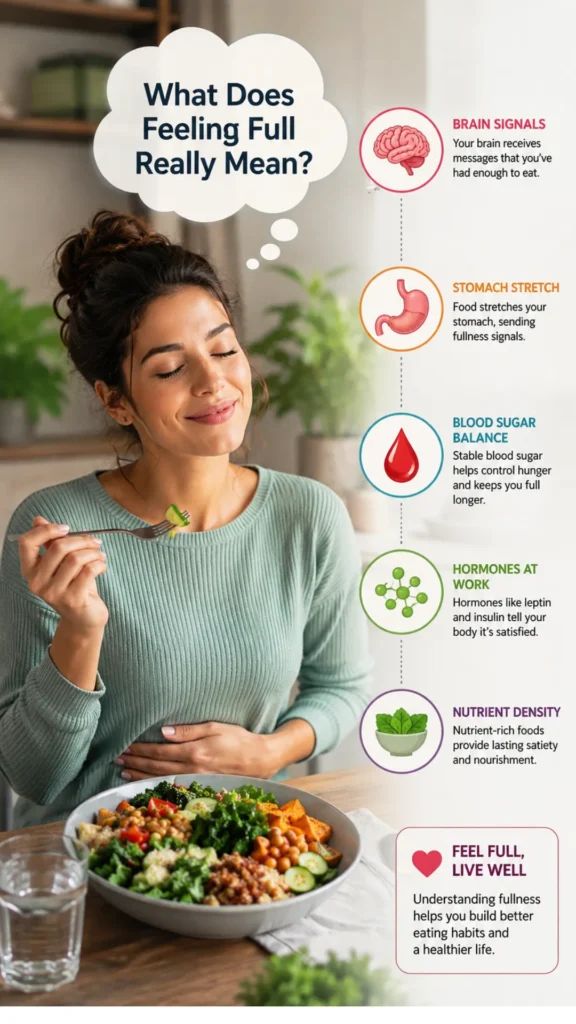 Woman enjoying a healthy meal while satiety signals from the brain, stomach, and hormones work together to create feelings of fullness and support healthy weight management.

