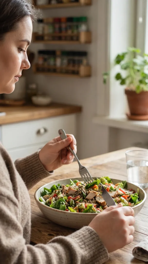 A person eating a large bowl of healthy salad at a wooden table in a kitchen.