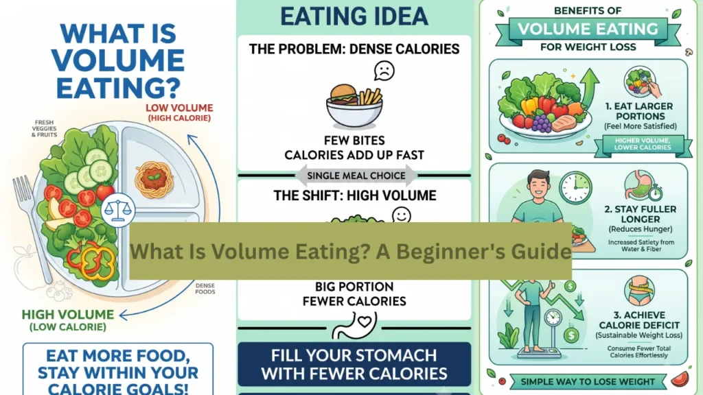 Infographic titled "What is volume eating A beginner's guide - Featured image.jpg" explaining that volume eating allows you to eat larger portions with fewer calories by prioritizing low-calorie, high-volume foods like vegetables to increase satiety and support weight loss.