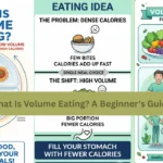Infographic titled "What is volume eating A beginner's guide - Featured image.jpg" explaining that volume eating allows you to eat larger portions with fewer calories by prioritizing low-calorie, high-volume foods like vegetables to increase satiety and support weight loss.