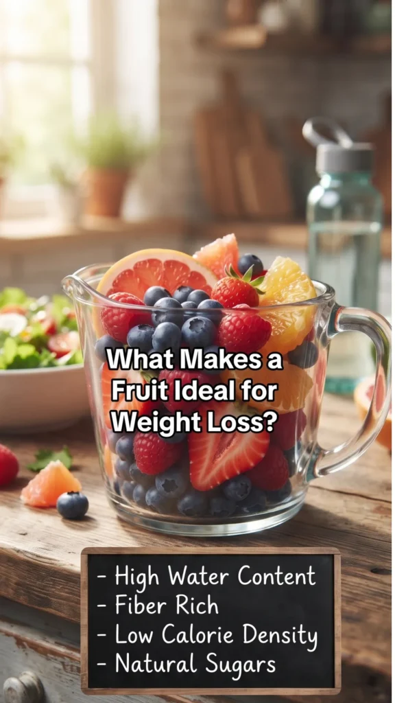 A glass measuring pitcher filled with fresh strawberries, blueberries, and citrus slices, displaying the text "What Makes a Fruit Ideal for Weight Loss?" and a chalkboard listing high water content, fiber, low calorie density, and natural sugars as benefits.
