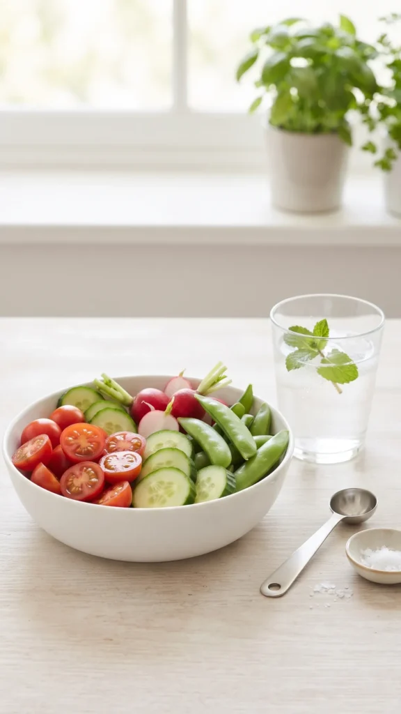 Fresh vegetable bowl with cherry tomatoes, cucumbers, and snap peas, next to a glass of mint water on a wooden table.
