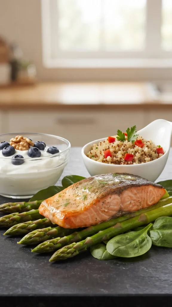 A healthy, balanced meal featuring a salmon fillet on asparagus with a quinoa side and a Greek yogurt bowl.
