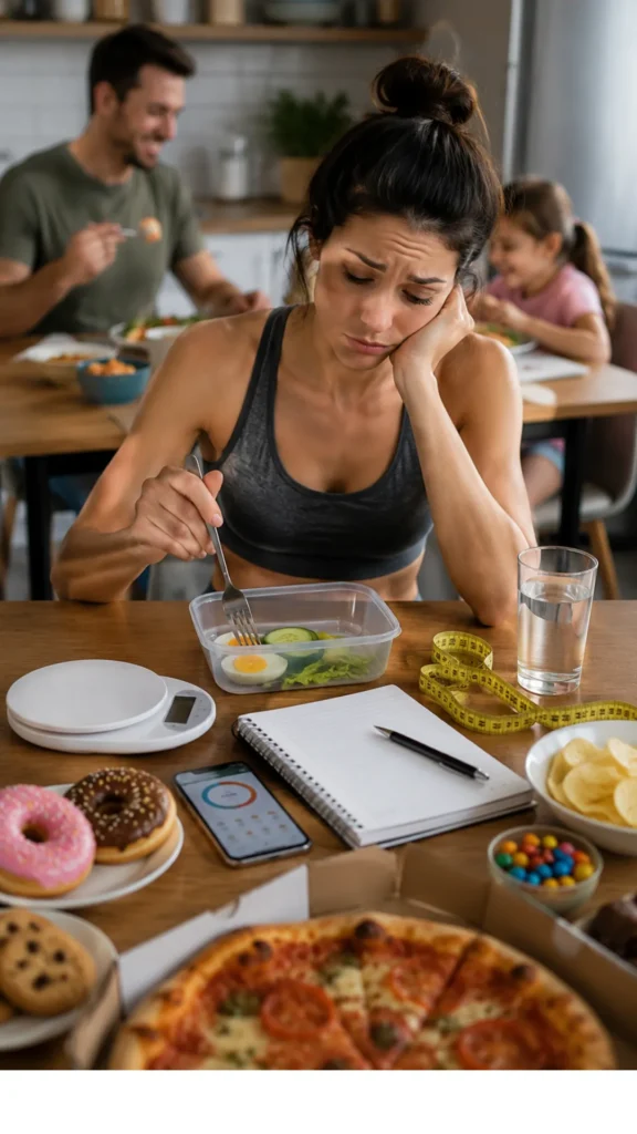 Woman following a traditional restrictive diet with a small low-calorie meal while feeling hungry and tempted by high-calorie foods, illustrating why many diets are difficult to maintain.
