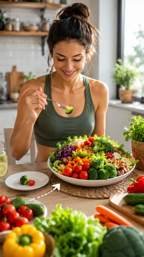 Woman enjoying a large bowl of vegetables and healthy foods, demonstrating volume eating as a satisfying way to stay full while managing weight with low-calorie nutrient-dense meals
