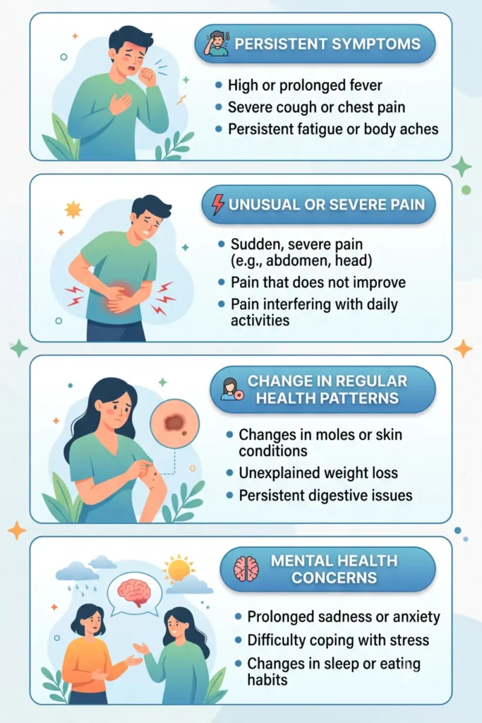 An infographic titled "When to Consult a Healthcare Professional" listing symptoms, pain, health pattern changes, and mental health concerns that warrant medical advice.											

