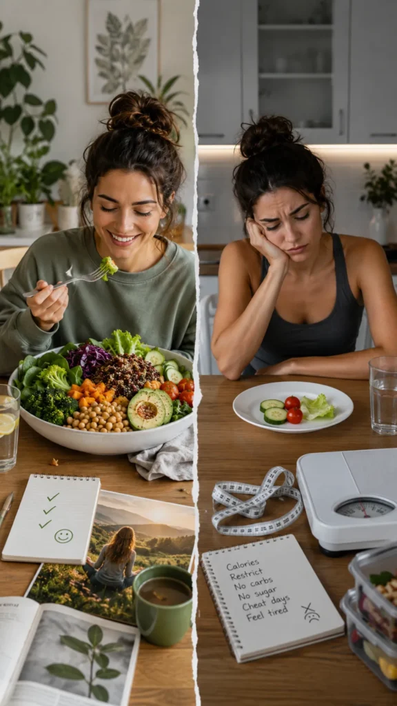 Side-by-side comparison of volume eating and traditional dieting, showing a satisfying healthy meal versus a restrictive low-calorie diet to illustrate long-term weight loss sustainability.
