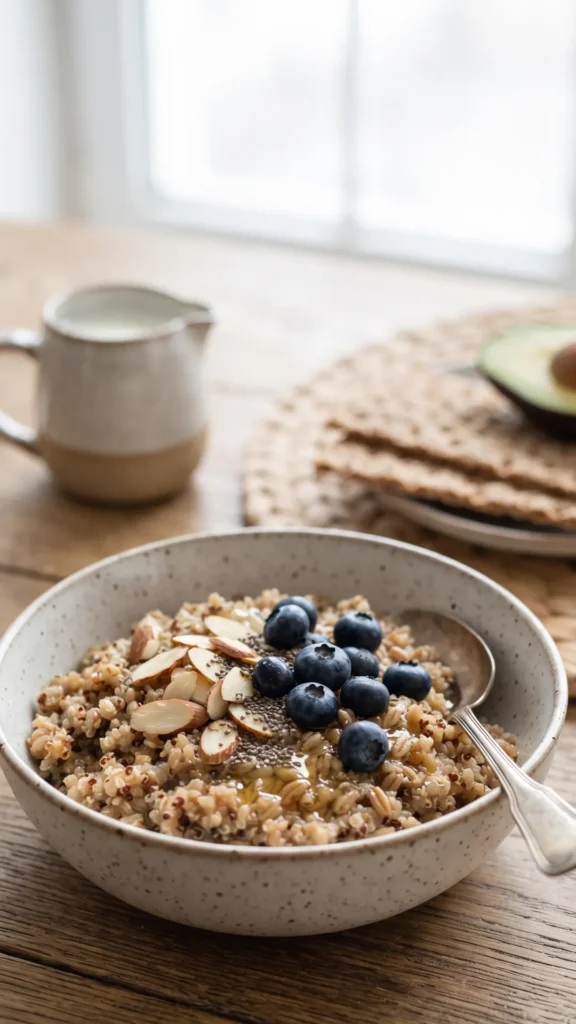 A close-up photograph of a hearty breakfast bowl filled with whole-grain porridge, topped with blueberries, almonds, and chia seeds, sitting on a wooden table.

