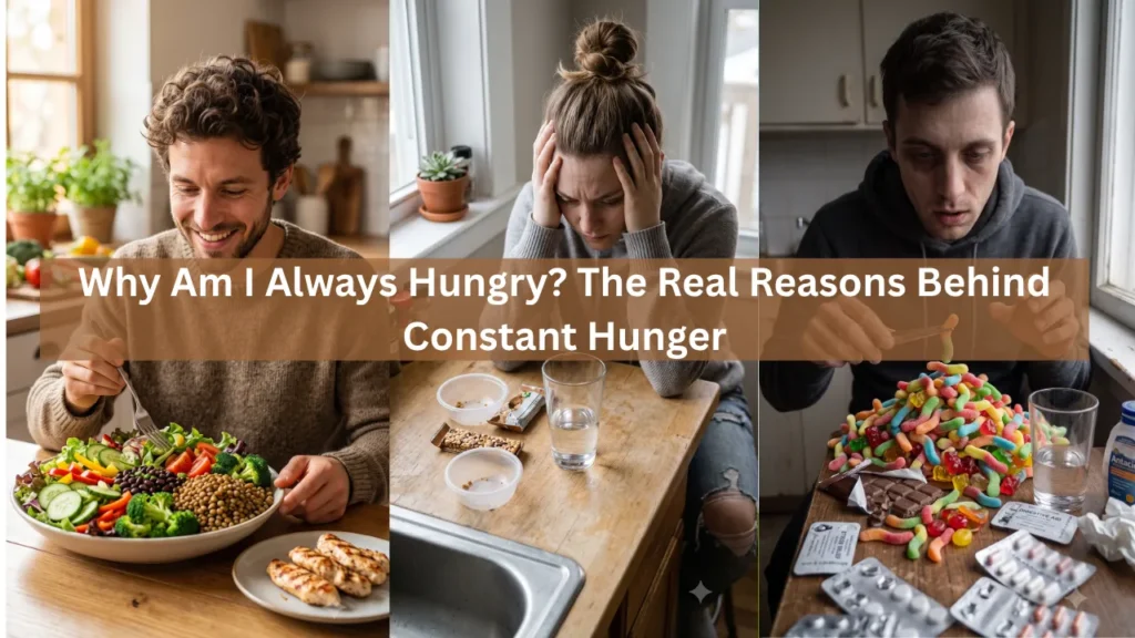 A collage of people with different eating habits with text overlay, from the file "Why Am I Always Hungry The Real Reasons Behind Constant Hunger-Featured image.webp".