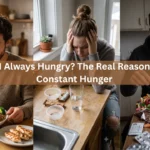 A collage of people with different eating habits with text overlay, from the file "Why Am I Always Hungry The Real Reasons Behind Constant Hunger-Featured image.webp".