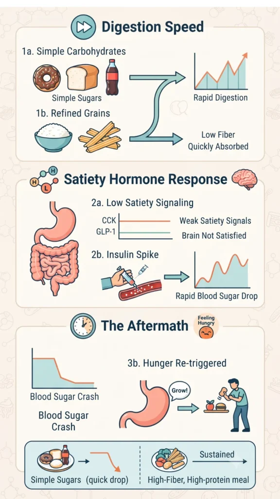 Infographic flowchart showing biological processes of rapid digestion and insulin spikes after consuming simple carbs, leading to quick hunger return.
