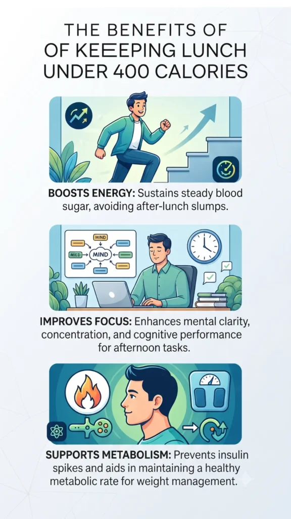Infographic illustrating the benefits of keeping lunch under 400 calories, featuring sections for boosting energy, improving focus, and supporting metabolism.