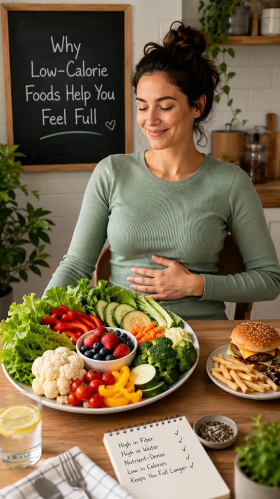 Woman enjoying a large plate of low-calorie vegetables and berries to stay full and support healthy weight loss.
