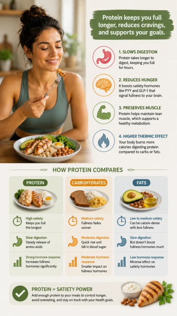 High-protein meal with chicken, eggs, and vegetables, illustrating how protein helps increase fullness, reduce hunger, and support healthy weight loss.
