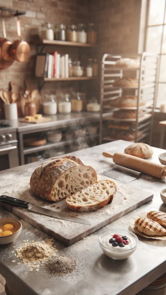 "A rustic kitchen scene featuring a stainless steel countertop. In the foreground, there is a sliced loaf of sourdough bread on a wooden cutting board, a bowl of eggs, a small bowl of oats and chia seeds, a bowl of yogurt with berries, and two grilled chicken breasts. The background shows a brick wall kitchen with open shelves containing various kitchen supplies, including copper pots, jars, and a cooling rack with more bread."

