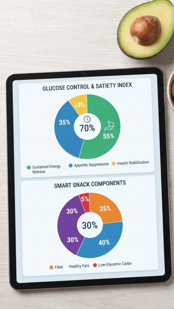 Infographic on tablet screen showing charts for healthy snack components, fiber, protein, and healthy fats.
