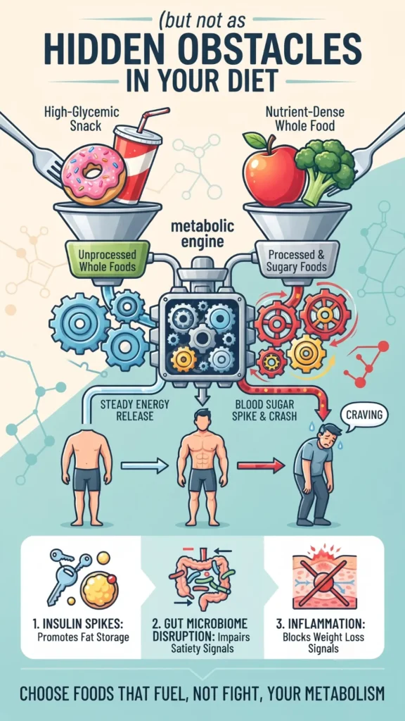 Infographic illustrating how high-glycemic and processed foods negatively impact metabolism and weight loss compared to whole foods.
