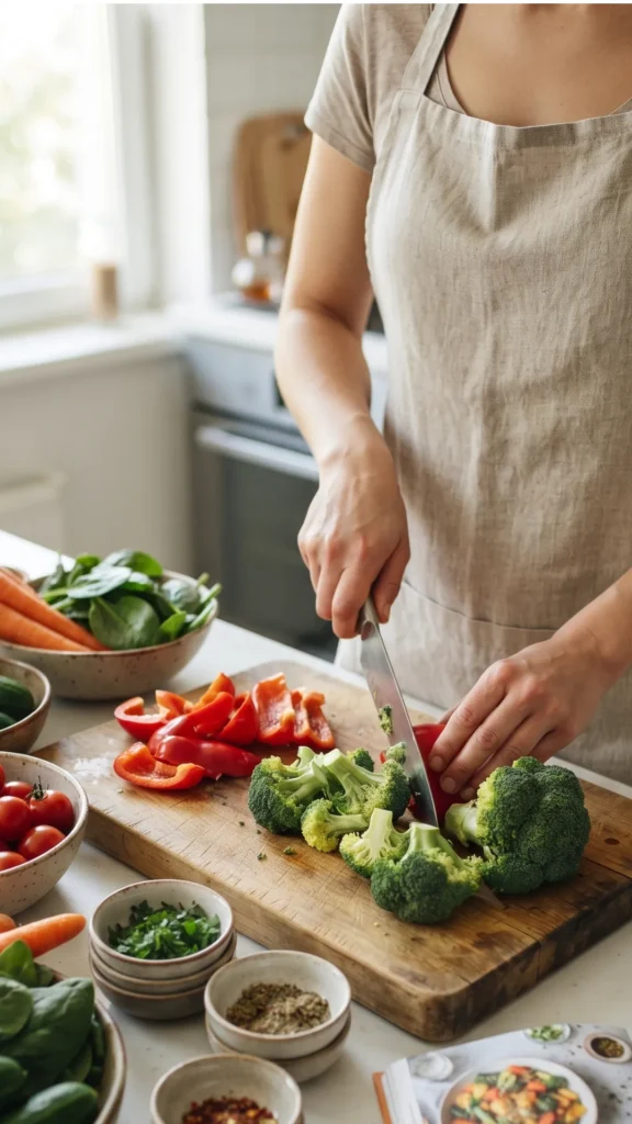 Person in an apron chopping fresh vegetables on a wooden cutting board in a kitchen.
