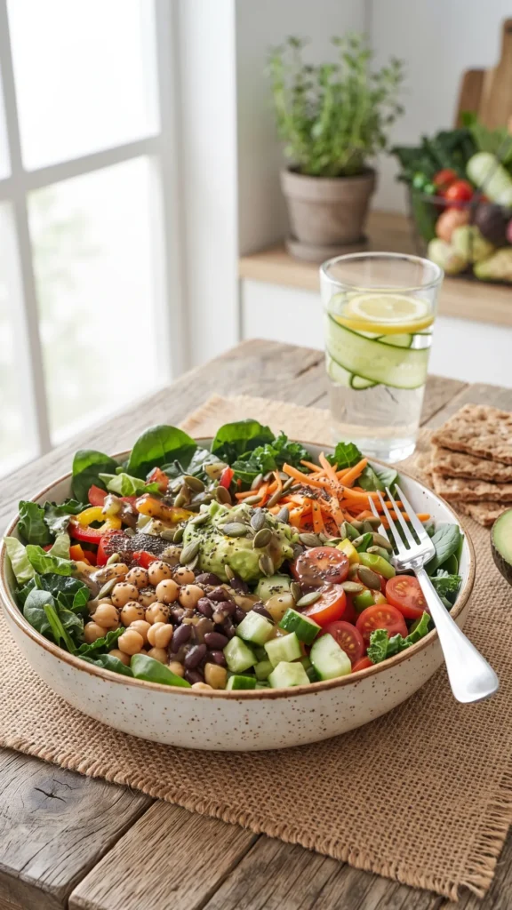 A large, healthy salad bowl filled with leafy greens, chickpeas, black beans, cucumber, tomatoes, carrots, bell peppers, and seeds, with a glass of cucumber-lemon water and high-fiber crackers on a rustic wooden table.
