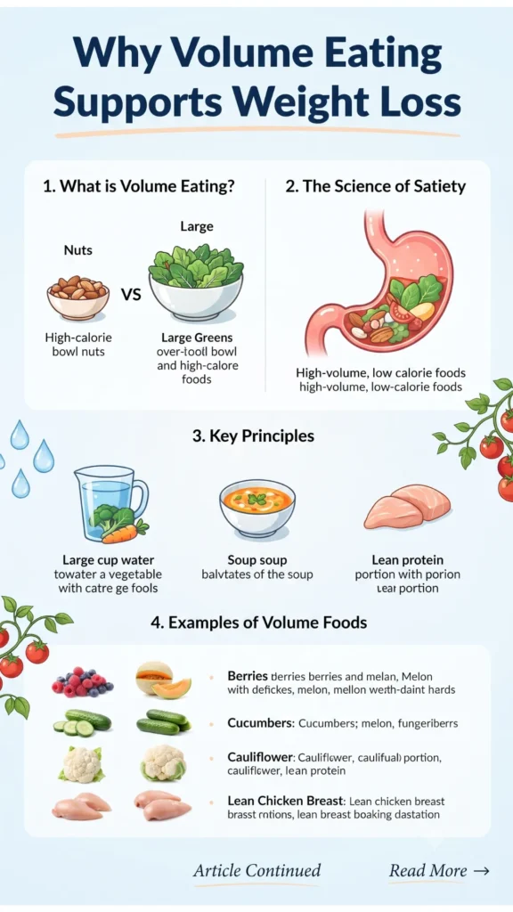  explaining the concept, the science of satiety, key principles, and examples of volume foods like berries, cucumbers, cauliflower, and lean chicken breast.
