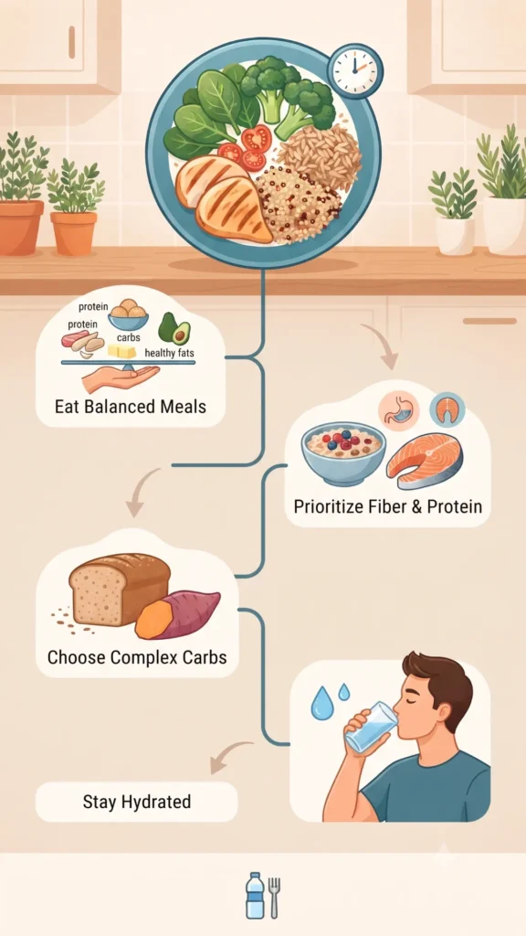 Infographic illustrating healthy eating habits to prevent hunger.
