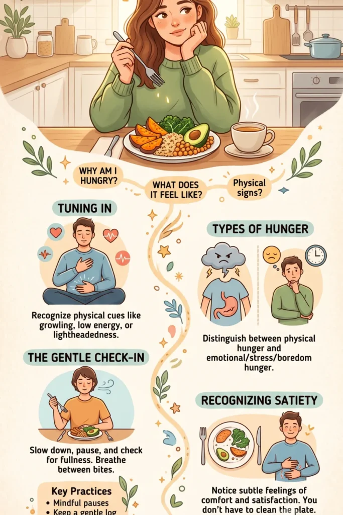 An illustrative infographic titled "Infographic Guide: Your Hunger Has Answers," providing visual guides and text to help distinguish and understand physical versus emotional hunger through a series of numbered panels and a central figure.											
