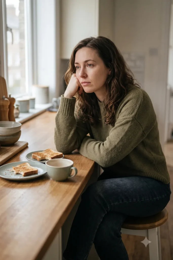 A woman sitting at a kitchen counter looking thoughtful, with toast and a cup of tea in front of her