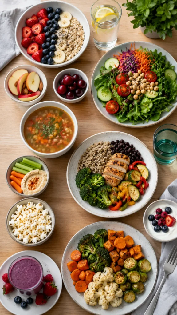 Woman rethinking weight loss by choosing volume eating over restrictive dieting, comparing unhealthy cravings with filling healthy meals.

