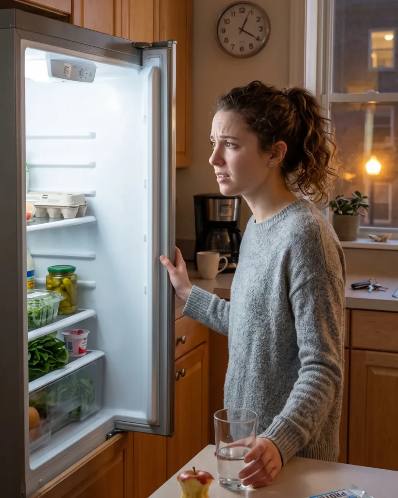 A person looking into an open, brightly lit refrigerator in a kitchen while holding a glass of water, with an eaten apple core and a protein bar on the counter nearby, as seen in											
