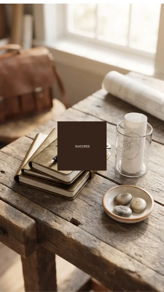 Still life of stacked brass notebooks, a fountain pen, a scroll in a glass, and etched stones on a wooden desk by a window.