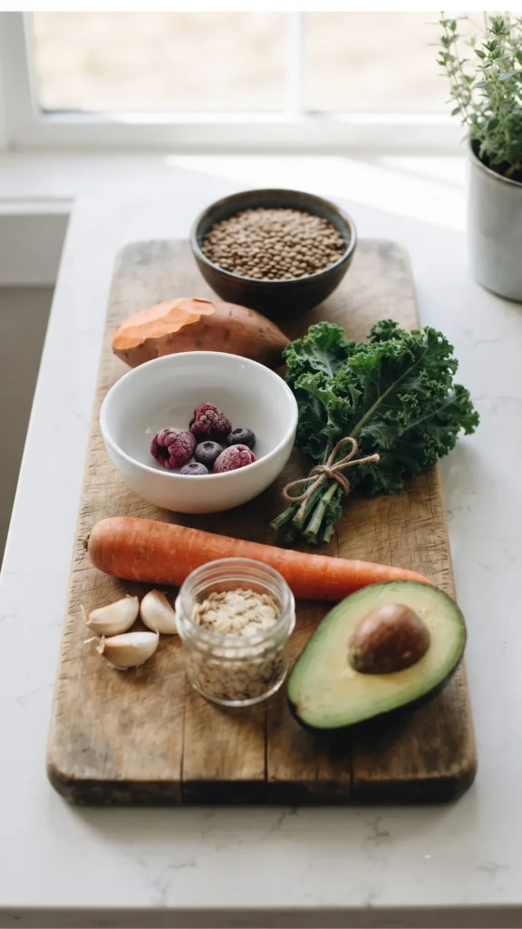 Flat lay of low-cost, whole foods for weight loss on a wooden cutting board: lentils, sweet potato, berries, kale, carrot, garlic, oats, and avocado.