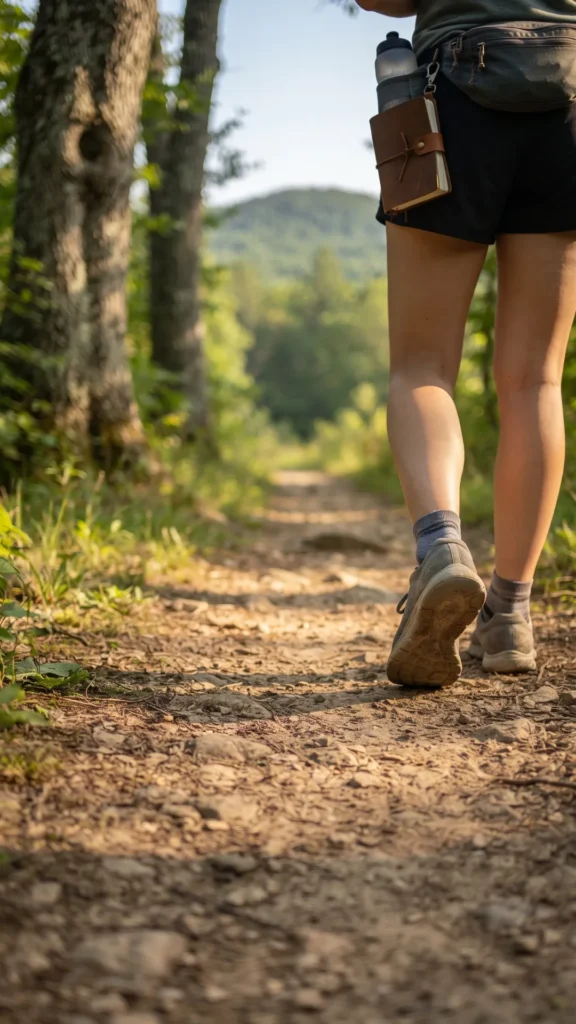 Person walking on a dirt trail in a forest, representing a simple exercise routine that supports the journey.