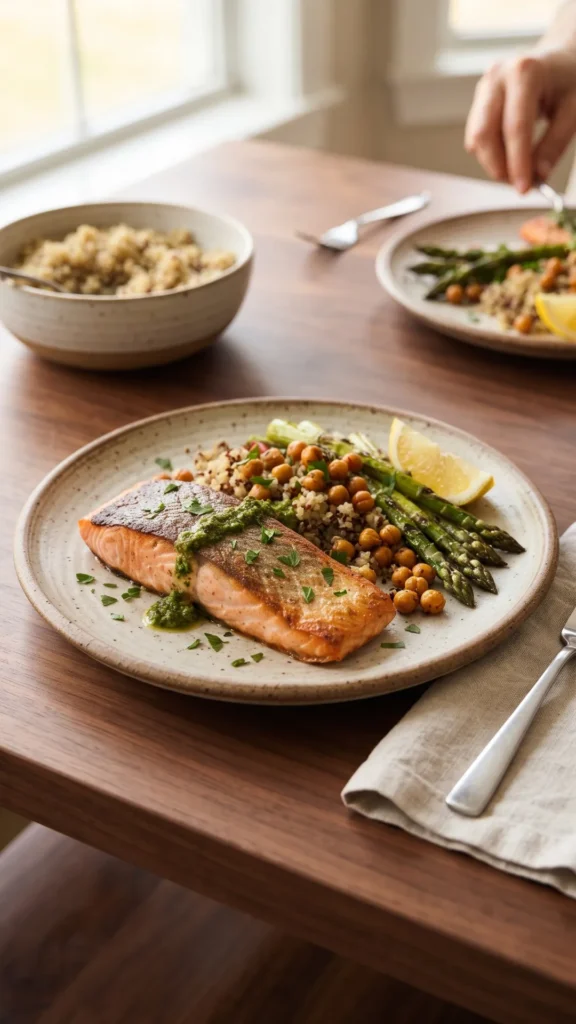 Seared salmon with pesto, quinoa, and asparagus on a ceramic plate at a dining table with a window.