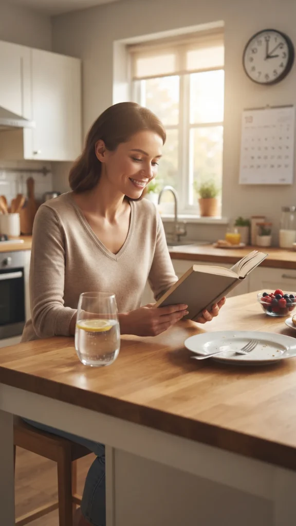 Woman reading a book in her kitchen after finishing her breakfast.