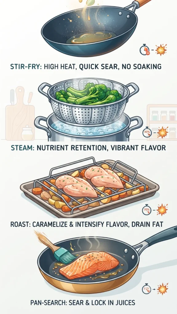 Infographic showing healthy cooking methods: stir-frying, steaming, roasting, and pan-searing salmon with flavor and calorie benefits.
