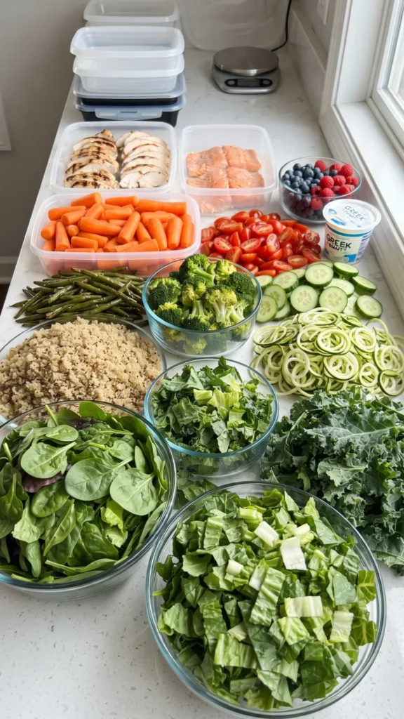 A well-organized kitchen counter displays numerous bowls and containers filled with meal prep ingredients, including quinoa, green beans, broccoli, cherry tomatoes, carrots, cucumbers, zucchini noodles, spinach, kale, grilled chicken, salmon, and Greek yogurt.