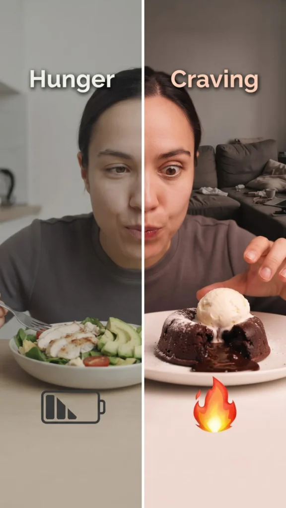 A side-by-side photo comparing the face of the same woman under different contexts. On the left, labeled "Hunger," she is shown eating a healthy salad in a kitchen, with a low battery icon. On the right, labeled "Craving," she is shown reaching for a decadent chocolate lava cake with ice cream in a living room, with a fire emoji.